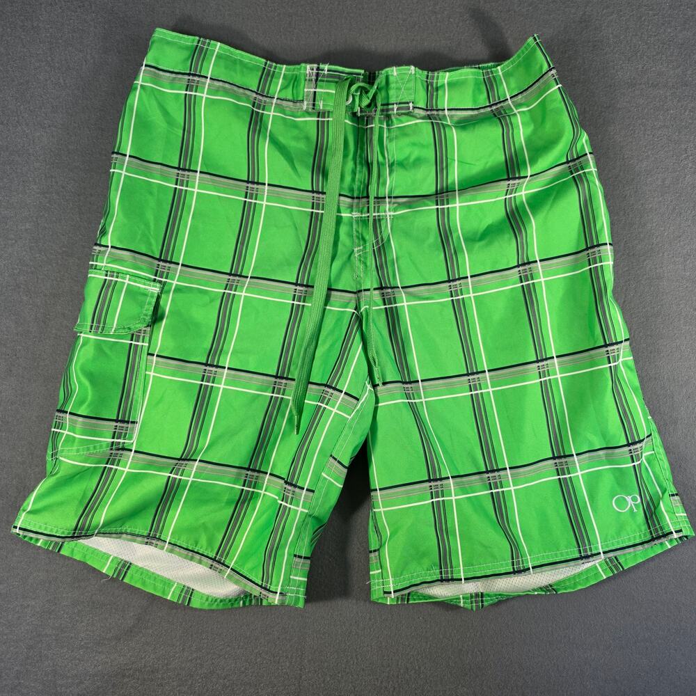 Men's OP Board Shorts Swimming Size L 36-38 Green Black Plaid Pockets Beach